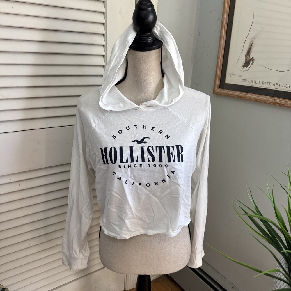 Hollister Hoodie Womens Small White Jersey Knit Logo Graphic Retro Beach Boho